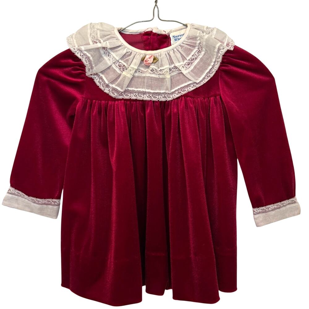 Vintage Nursery Rhyme Velour Dress Red Lace Bib Collar